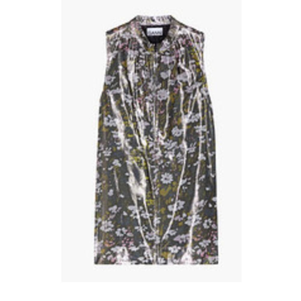Ganni Floral print silk blend Metallic top Olive Green size 6